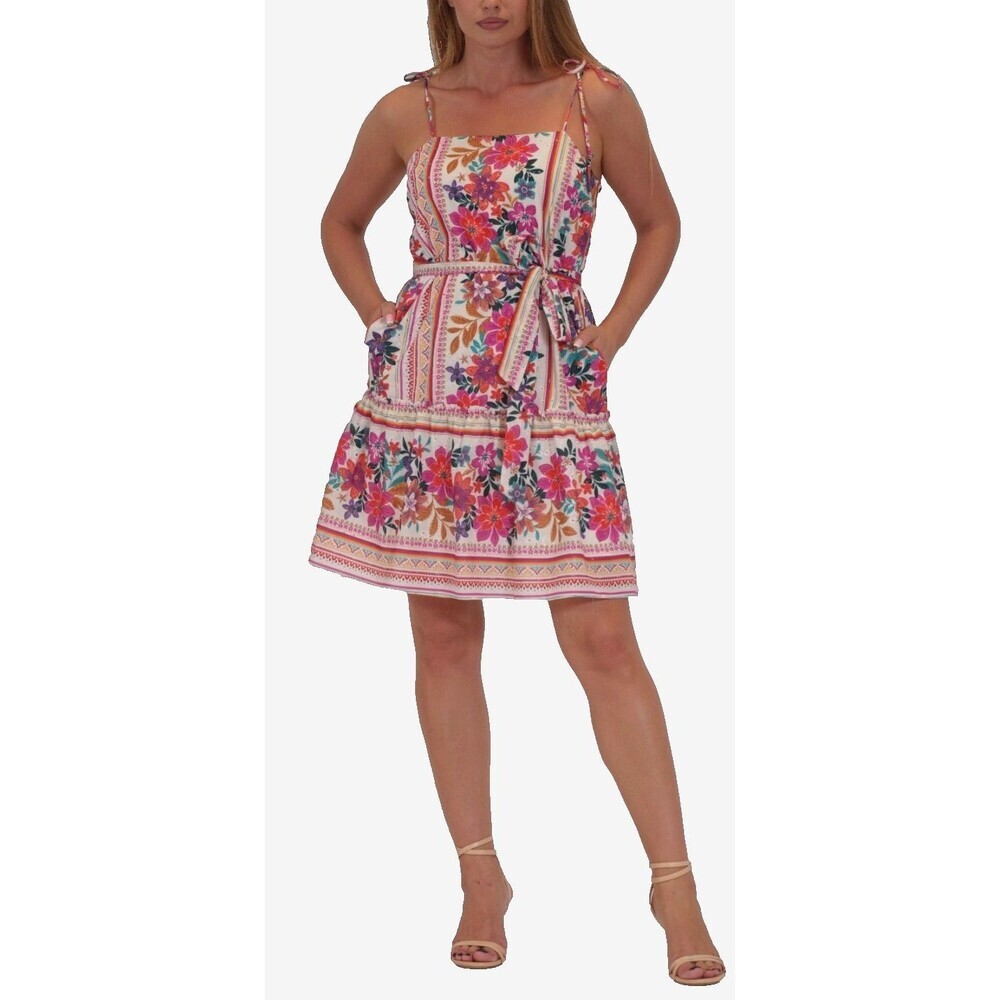New Julia Jordan Floral Shoulder Tie Eyelet Tiered Mini Dress Sz L 1338r2